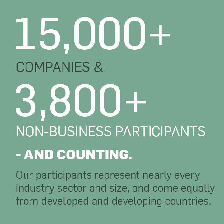 Our 15,000+ companies and 3,800+ non-business participants – and counting – represent nearly every industry sector and size, and come equally from developed and developing countries.